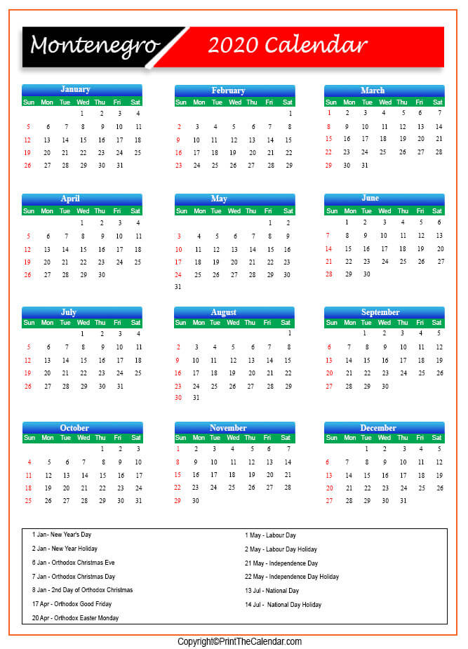 Montenegro Printable Calendar 2020